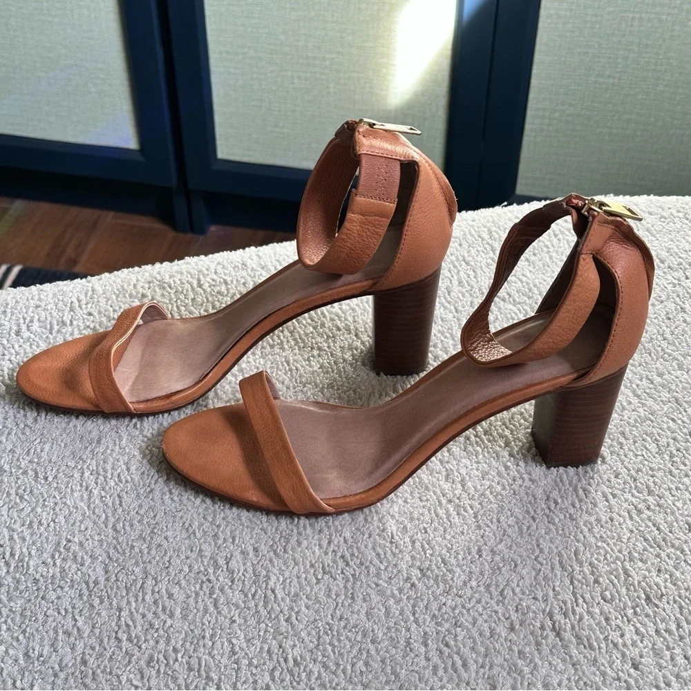Joie Loueze Leather Ankle Strap Sandal Wood Block Heel In Tobacco, Size 10 (40)